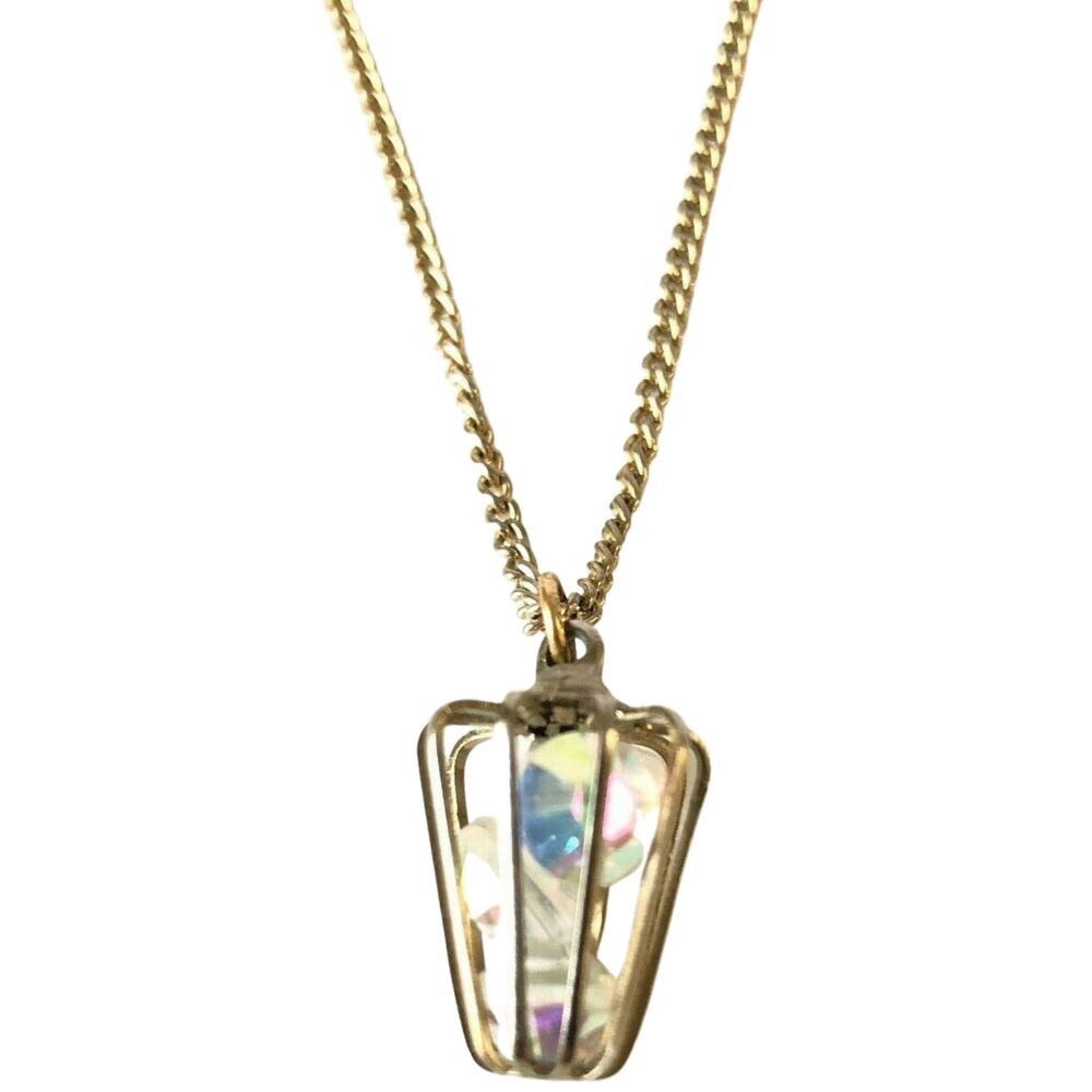 Vintage Gold Tone Necklace with Silver Toned Unique Floating Charm Rhinestones